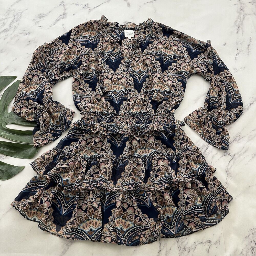 Misa Los Angeles Navy Paisley Print Ruffle Midi Dress